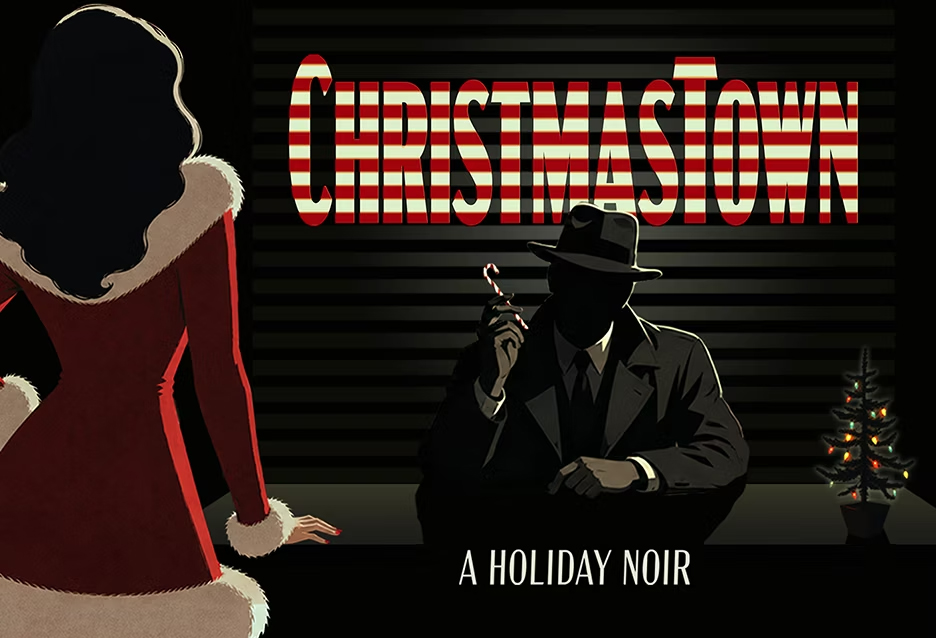 Christmastown: A Holiday Noir, featuring a detective and a woman in red against striped shadows.